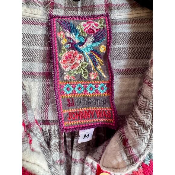 Johnny Was Candice Smock Plaid Floral Button Up Ladies Medium Top/Shirt/Blouse - Picture 3 of 16